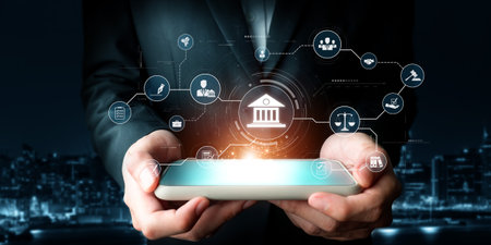 Explore the intersection of digital banking and legal regulations, showcasing innovative online services and compliance solutions for modern financial operations. XDMCPの写真素材