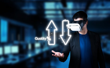 A businessman leverages virtual reality technology to enhance cost management, focusing on expense reduction and optimization for better business planning and financial growth.の写真素材