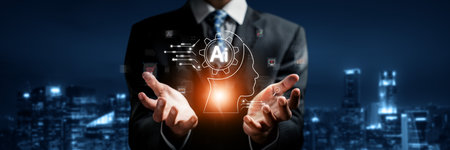 Human interact with AI artificial intelligence brain processor in concept of AI artificial intelligence engineering, big data and AI machine learning to use generative AI for business support. Faasの写真素材