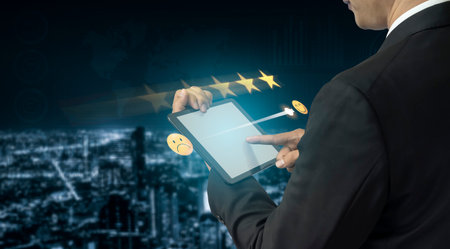 Customer satisfaction measures experience. Customer satisfaction improves service, builds loyalty, customer enhances trust, and customer satisfaction drives feedback. Vouchの写真素材