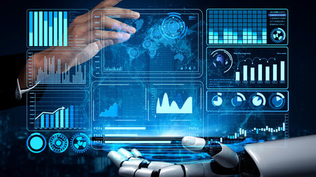 AI artificial intelligence drives data analytics with predictive models, smart dashboards, and virtual assistant insights for data-driven business decisions.の写真素材