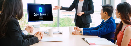 Cyber security system on computer screen protect private information snugly from hacker and cyber attackの写真素材