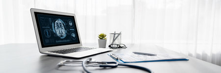 Medical science technology and futuristic healthcare virtual computer software analyze human health and diagnose disease for doctor data and medical research. briskの写真素材