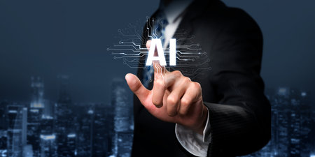 Human interact with AI artificial intelligence brain processor in concept of AI artificial intelligence engineering, big data and AI machine learning to use generative AI for business support. Faasの写真素材
