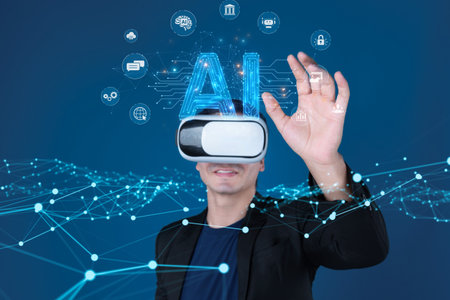 A modern virtual reality scene showcasing a user interacting with an innovative personal assistant powered by generative AI, highlighting its multi-functional abilities and immersive technology.の写真素材