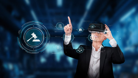A business professional engaging with virtual reality technology to explore compliance and regulation concepts, highlighting innovation in modern legal standards and quality assurance.の写真素材