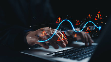 Economic caution visual showing risk alerts and financial volatility. Warning signs highlight economic downturn, market risk, finance crisis, and uncertainty in data-driven analysis. Elideの写真素材