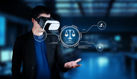 A person wearing virtual reality gear explores the complex landscape of AI ethics and compliance in digital law, highlighting the intersection of technology and responsibility.の写真素材
