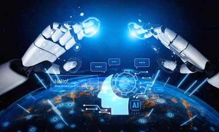 AI chatbot assists users with real-time conversations, providing automated answers, processing natural language, and delivering personalized support efficiently. Vouchの写真素材