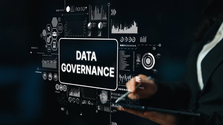 Professional Businesswoman Engaging with Data Governance Concepts and Digital Analytics in a Modern Office Environment. Asymptotic smart data analytic.の写真素材