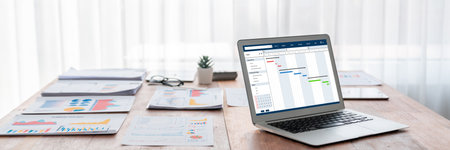 Project planning software for brisk business project management on the computer screen showing...