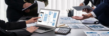 Panorama shot analyst team utilizing BI Fintech to analyze financial report with laptop....