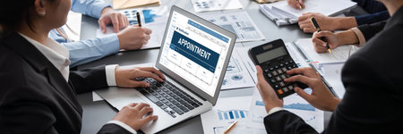 Business intelligence and data analysis concept. Analyst team working on financial data analysis dashboard on laptop screen as marketing indication for effective business strategic planning. Insightの写真素材