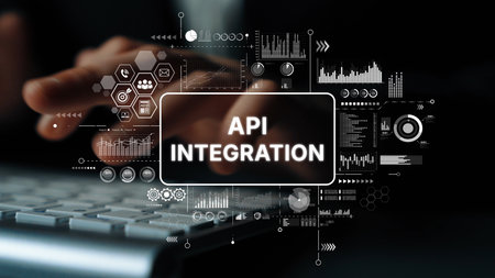 Hands Typing on Keyboard with API Integration Concept and Data Visualization Elements for Technology and Business Themes. Asymptotic smart data analytic.の写真素材