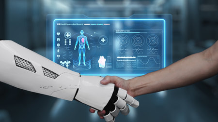 Close up of robot hand and human hand shaking hand with human anatomy hologram. AI and human working...