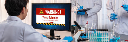 Virus warning alert on computer screen detected brisk cyber threat , hacker, computer virus and malwareの写真素材