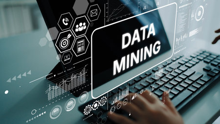 Data Mining Technology Concept with Hands Typing on Computer Keyboard and Graphical Interface Elements. Asymptotic smart data analytic.の写真素材