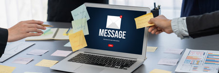 Email notification message showing on computer screen brisk. Digital marketing message information text from business to customer clientの写真素材