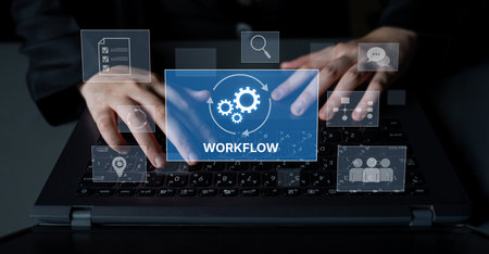 Workflow optimization concept featuring interconnected gears, task management, collaboration, process mapping, review, and automation for business productivity and efficiencyの写真素材
