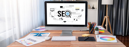 SEO search engine optimization for brisk e-commerce and online retail business showing on computer screenの写真素材