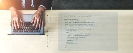 JavaScript programming for task manager user interface, handling form submission, input validation, task list rendering, and exception alerts with dynamic DOM interactionの写真素材