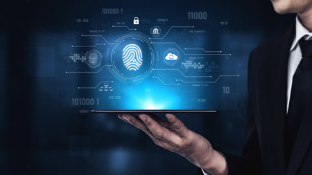 Biometric fingerprint identification and cybersecurity system ensuring secure access, identity verification, cloud data protection, and digital safety Vouchの写真素材