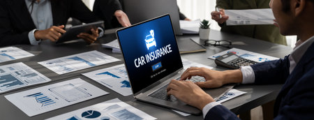 car insurance online website on computer screen for insure your car damage briskの写真素材