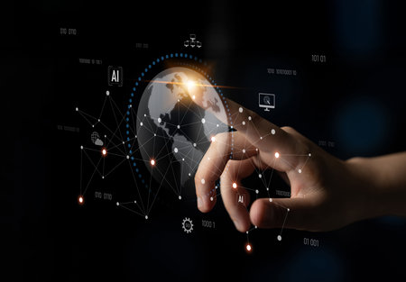 Global AI network showing connection between AI, global, and network elements across the digital world and data infrastructureの写真素材