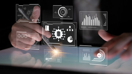 Big data visualization dashboard showing analytics, insights, and performance. Data supports decisions, data reveals trends, data powers analytics, and transforms strategy.の写真素材