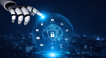 AI artificial intelligence strengthens cybersecurity with intelligent threat detection, virtual assistant alerts, and proactive protection against digital breaches.の写真素材