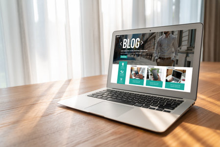 blogging concept, web blog Social Media Information network snugly. social media online content, freelance worker, working online, content creator, blogger, website, reading blog online on computerの写真素材