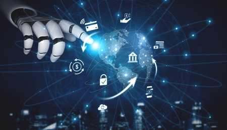 AI managing digital payment network, verifying transactions, enhancing security, and processing global financial transfers through connected platforms. Vouchの写真素材