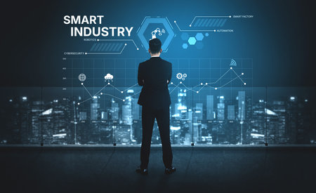 Smart industry dashboard combining automation, robotics, cloud integration, cybersecurity, and data analytics to support intelligent factory systems and real-time monitoring Vouchの写真素材