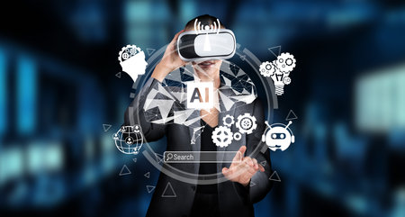 A professional exploring the intersection of artificial intelligence and virtual reality, represented by engaging graphics and innovative technology symbols in a corporate environment.の写真素材