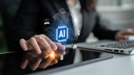 Global AI artificial intelligence transforms AI technology worldwide. Global artificial intelligence connects data, drives AI automation, and artificial intelligence empowers AI innovation.の写真素材
