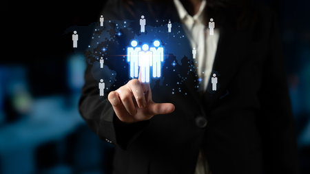 Global human network and workforce distribution highlight human, network, and global presence through digital connection and team coordinationの写真素材
