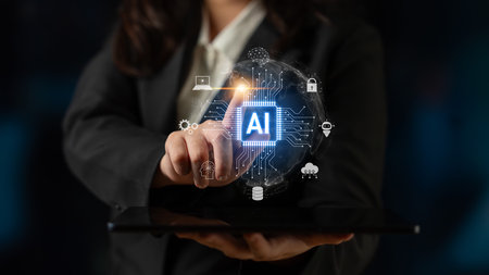 Global AI artificial intelligence transforms AI technology worldwide. Global artificial intelligence connects data, drives AI automation, and artificial intelligence empowers AI innovation.の写真素材