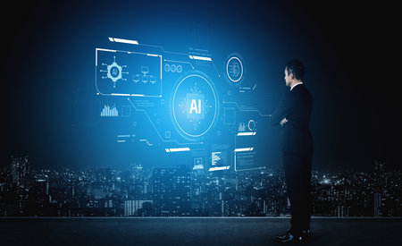 AI interface showing how artificial intelligence powers systems. AI Artificial intelligence transforms data, enables automation, and AI artificial intelligence drives innovation. Vouchの写真素材