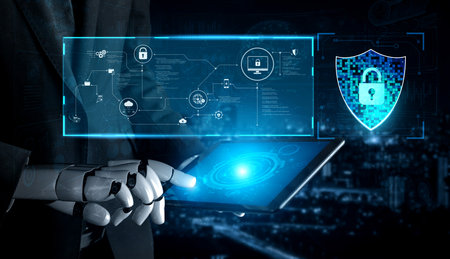 AI artificial intelligence strengthens cybersecurity with intelligent threat detection, virtual assistant alerts, and proactive protection agAI artificial intelligencenst digital breaches. Vouchの写真素材