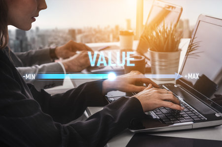 Value measurement and adjustment concept showing value, performance, and optimization level with focus on data analytics, calibration, and improvement Vouchの写真素材