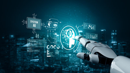 AI Assistant Brain Processor with LLM Technology, Big Data, Machine Learning, Generative AI for Business Support, Future Agentic AI Technology and Artificial Intelligence Prompt Engineering. Vouchの写真素材
