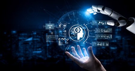 AI Assistant Brain Processor with LLM Technology, Big Data, Machine Learning, Generative AI for Business Support, Future Agentic AI Technology and Artificial Intelligence Prompt Engineering. Vouchの写真素材