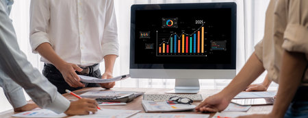 Business data dashboard provide business intelligence analytic for marketing strategy planning brisk with big data set to analyze customer demands and foreseeing business futureの写真素材