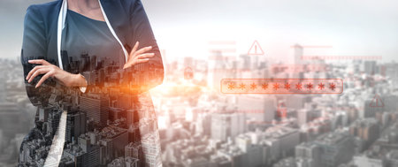 Password security breach warning with red asterisk box, cybersecurity alert, lock icons, and critical vulnerability signals in digital system access Vouchの写真素材