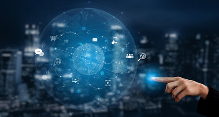 Visualization of global digital communication and online across multiple platforms, including global network, digital network, communication network, and online network. Vouchの写真素材