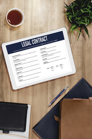 Digital legal contract provide terms and conditions document on computer screen ready for online...