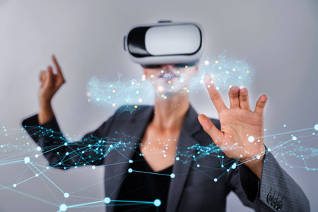 A woman wearing a virtual reality headset explores interactive digital networks, showcasing the...