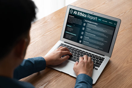 AI ethics responsibility standard law and rules on computer screen provide report of AI ethic transparency preventing technology crime. briskの写真素材