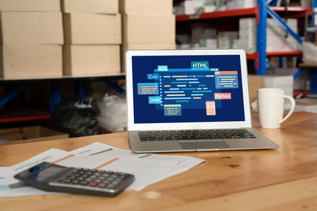 Software development or programming work with coding screen of various programming languages like HTML, and C brisk for new application developmentの写真素材