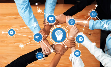 Diverse hands come together symbolizing teamwork and collaboration around AI concepts, reflecting...